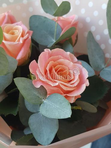 Цветы -  5 розовых роз и эвкалипт