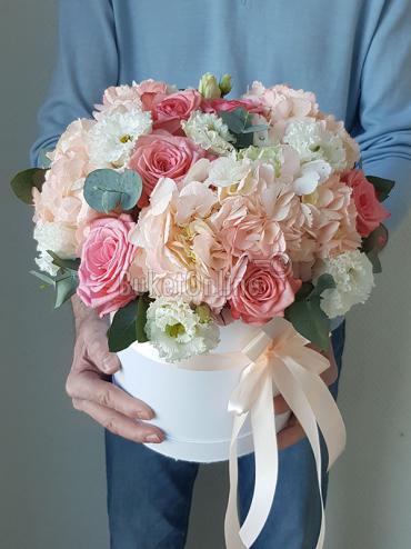 Букет цветов Шляпная коробка с гортензией, розой, эустомой и эвкалиптом